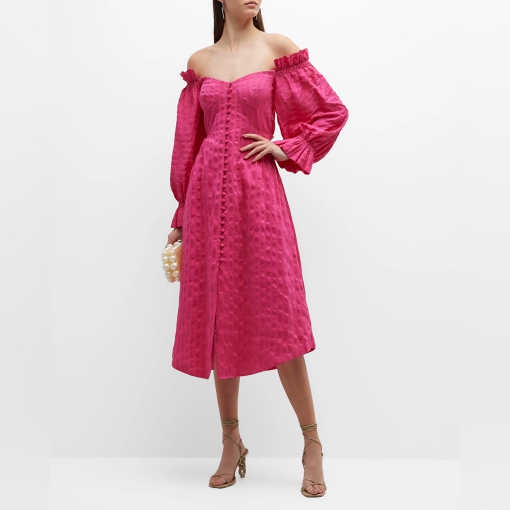 Cult Gaia Simona dress bright pink linen blend off shoulder puff sleeve sz 6 P17 - Picture 2 of 16
